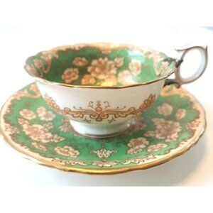 RARE Vint. Wedgwood Teacup Saucer W.1751 Green & Gold Floral HTF REPAIRED HANDLE